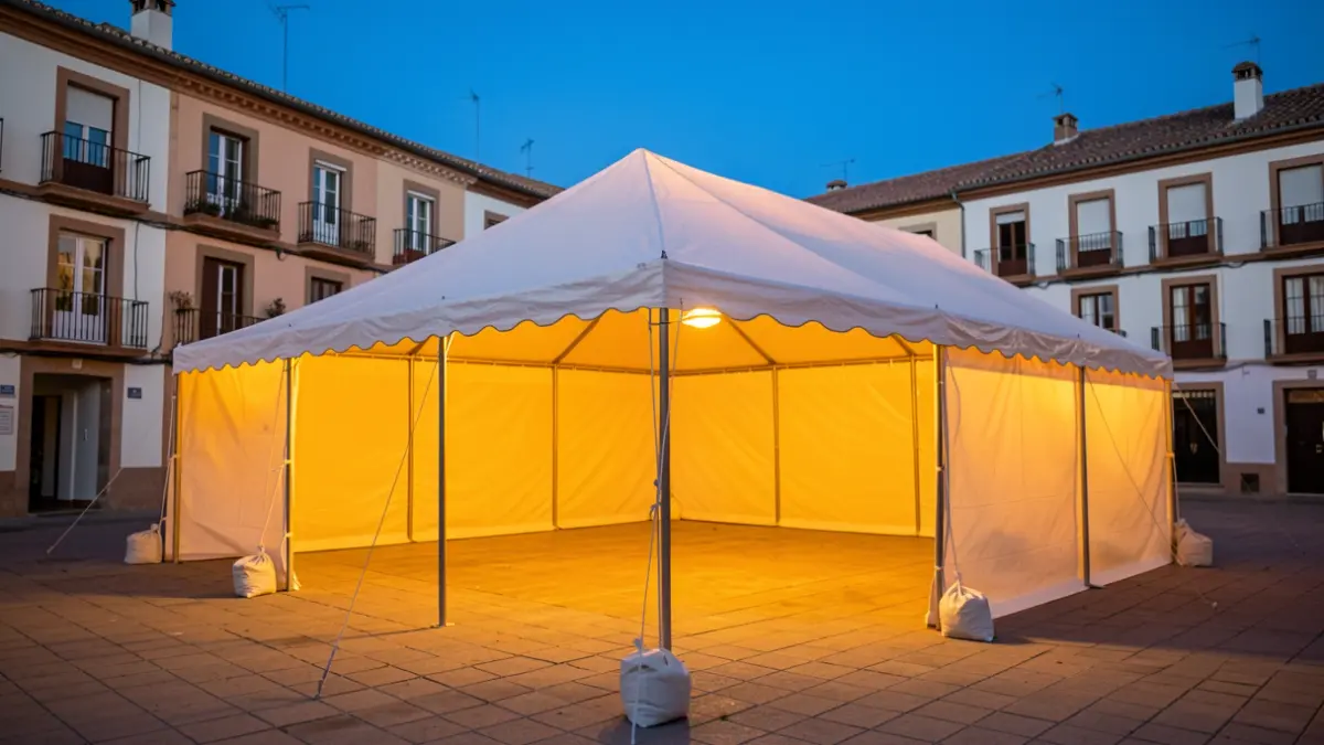 Generic image of an illuminated municipal tent at night, ready for a cultural event in Moralzarzal.