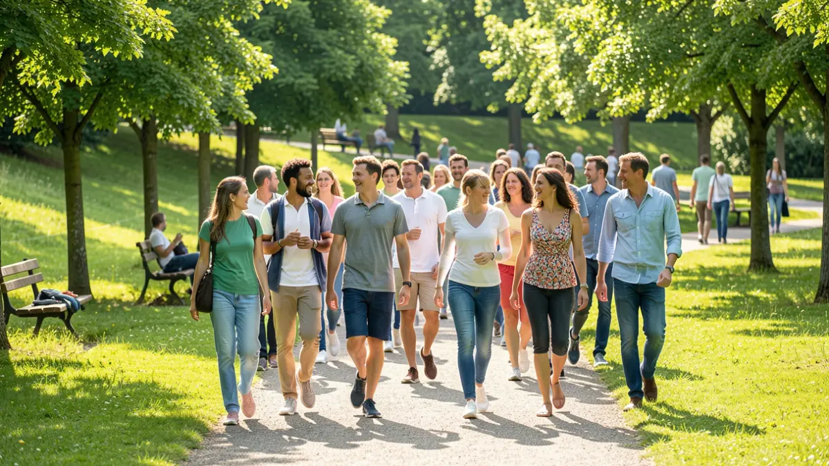 Imagen genérica de personas caminando en grupo por un parque en un día soleado.