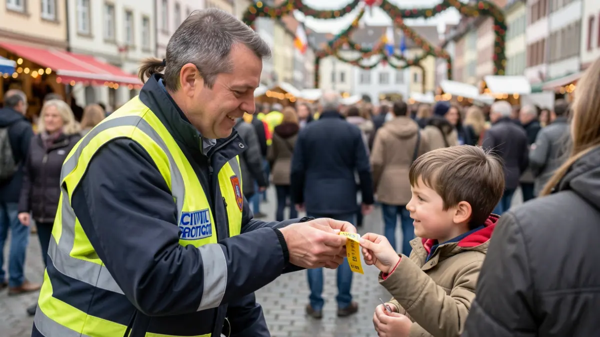 Generic image of a Civil Protection volunteer handing an identification bracelet to a child in a festive setting.