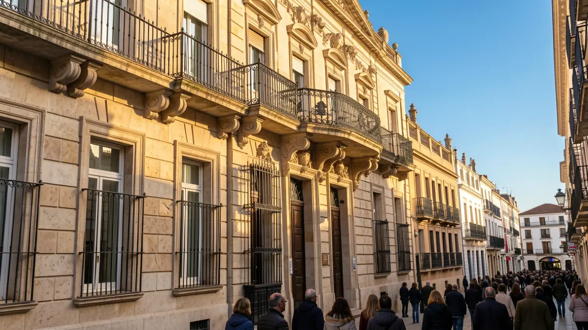 Stone facade of a la Comunidad de Madrid town hall with ornate balcony and iron railings, warm afternoon sunlight.