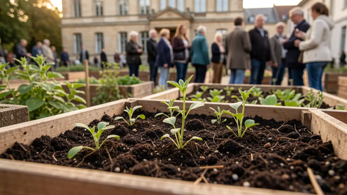 Imagen genérica de un compostador comunitario con brotes verdes y el ayuntamiento de Moralzarzal al fondo.