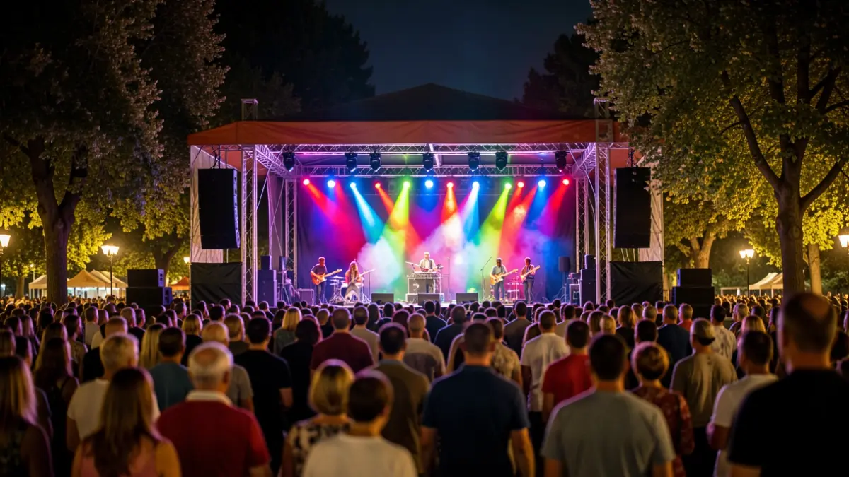 Imagen genérica de un escenario de conciertos al aire libre por la noche durante unas fiestas.