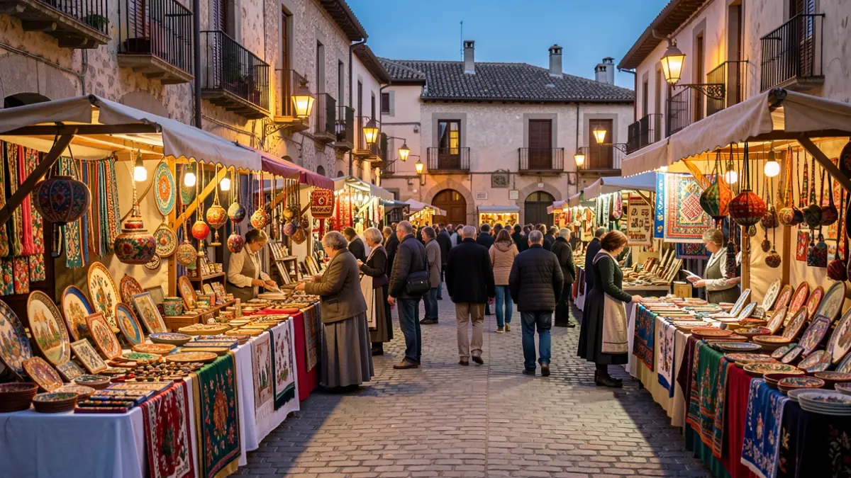 Artisan market with stalls and historical atmosphere at dusk.