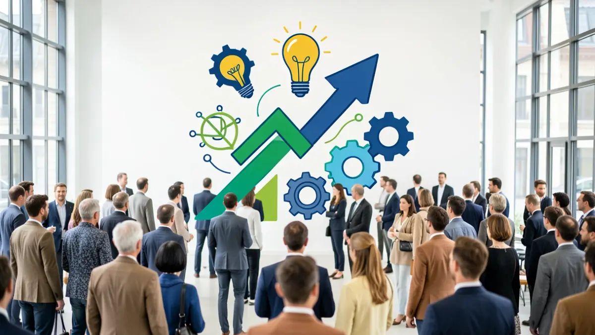 Generic image of a startup competition with graphic elements of innovation and growth.