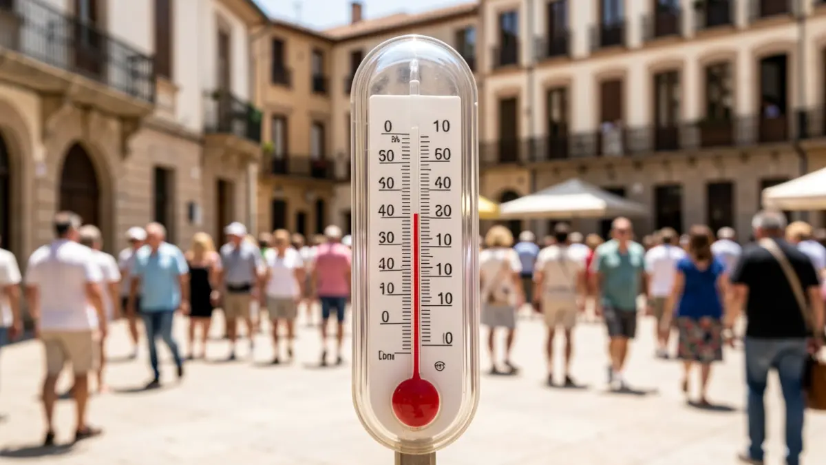 Termómetro marcando alta temperatura con fondo de plaza española bajo el sol.