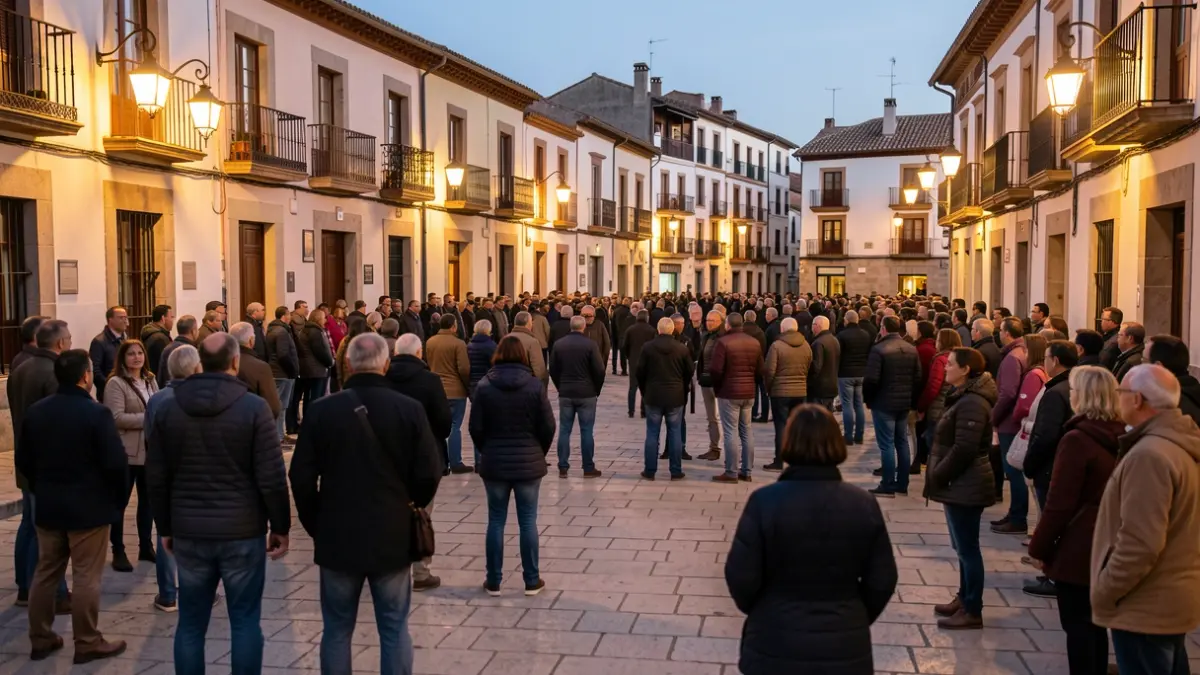 Plaza de España de Móstoles al atardecer con ciudadanos concentrados en apoyo a Ceuta.