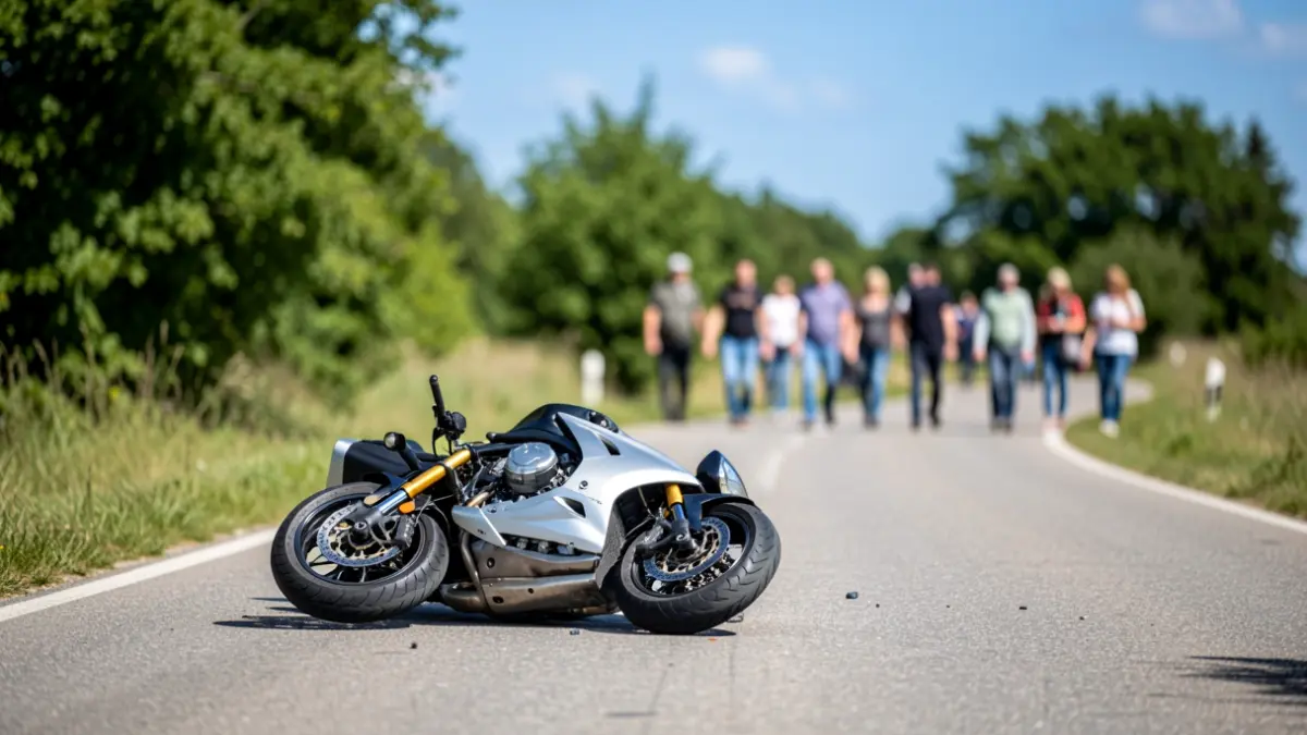Generic image of an overturned motorcycle on a rural road.