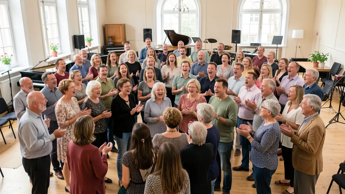 Generic image of a choir rehearsing in a large room with musical instruments.