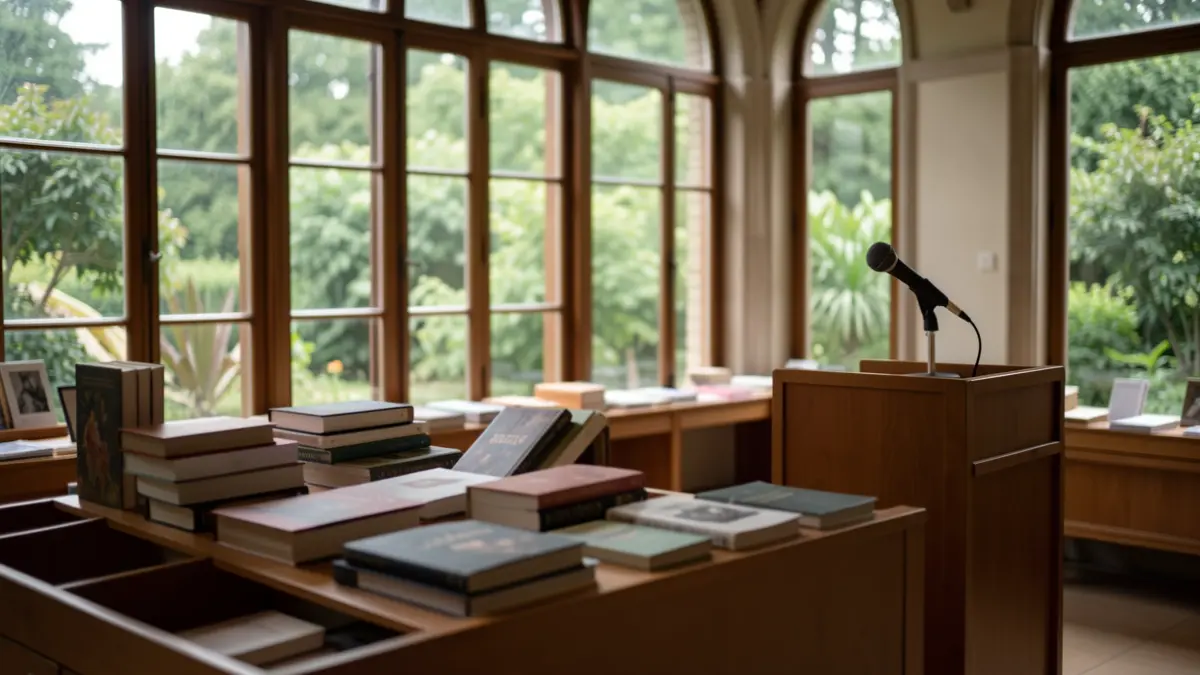 Interior of a botanical garden exhibition hall with books and a podium.