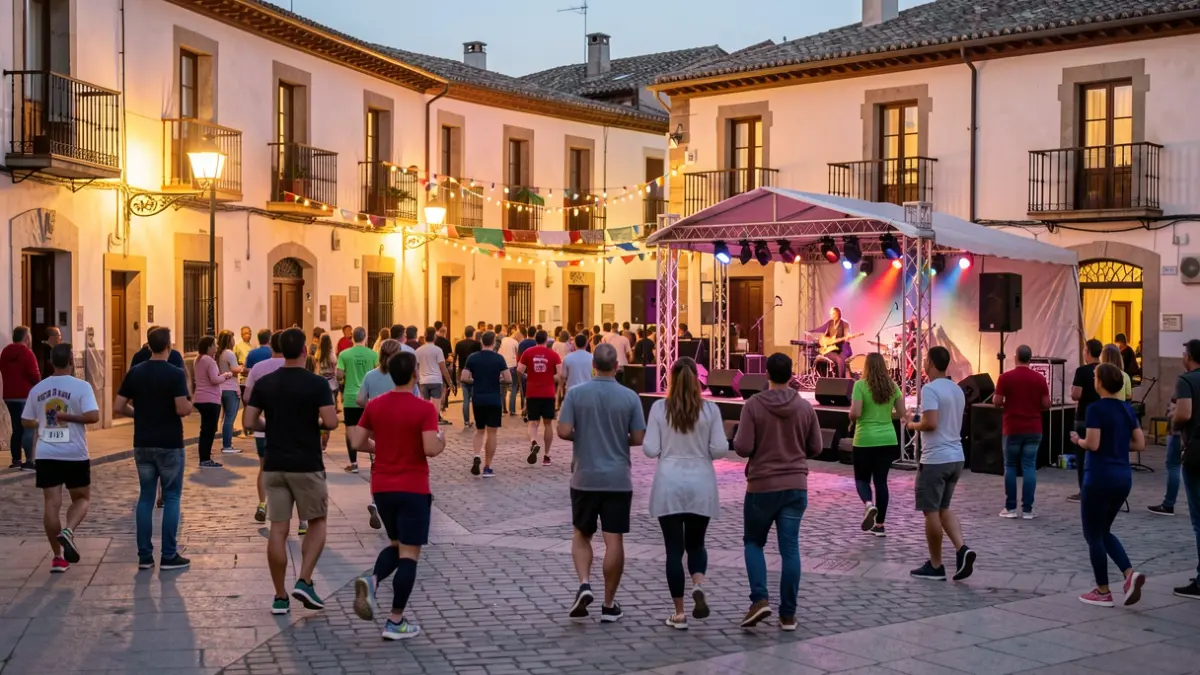 Imagen genérica de una plaza de pueblo español al atardecer con gente participando en una carrera y un escenario para un concierto.