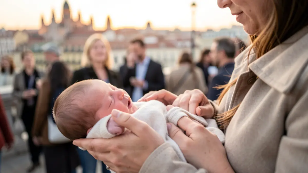 Woman's hands holding a newborn baby with a blurred Madrid cityscape in the background.