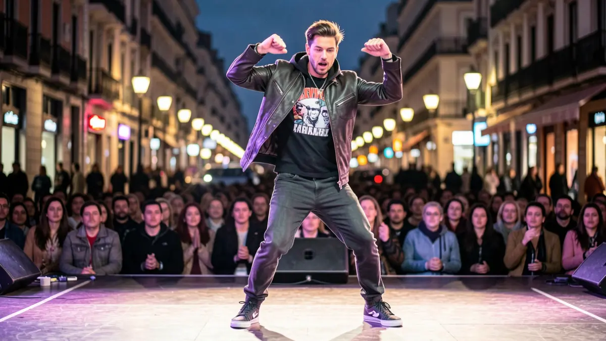 Imagen de un bailarín de street dance realizando movimientos de popping y locking en un escenario urbano.
