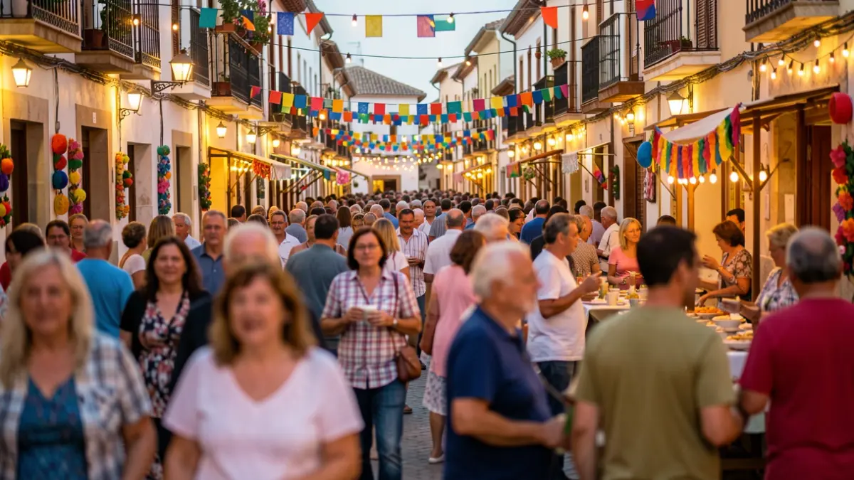 Imagen genérica de una fiesta popular en un pueblo español con gente participando y ambiente festivo.
