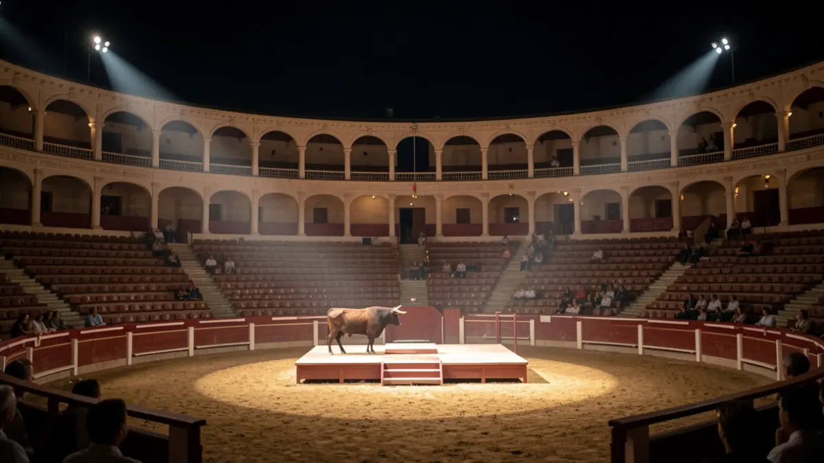 Imagen de una plaza de toros preparada para un concierto nocturno.