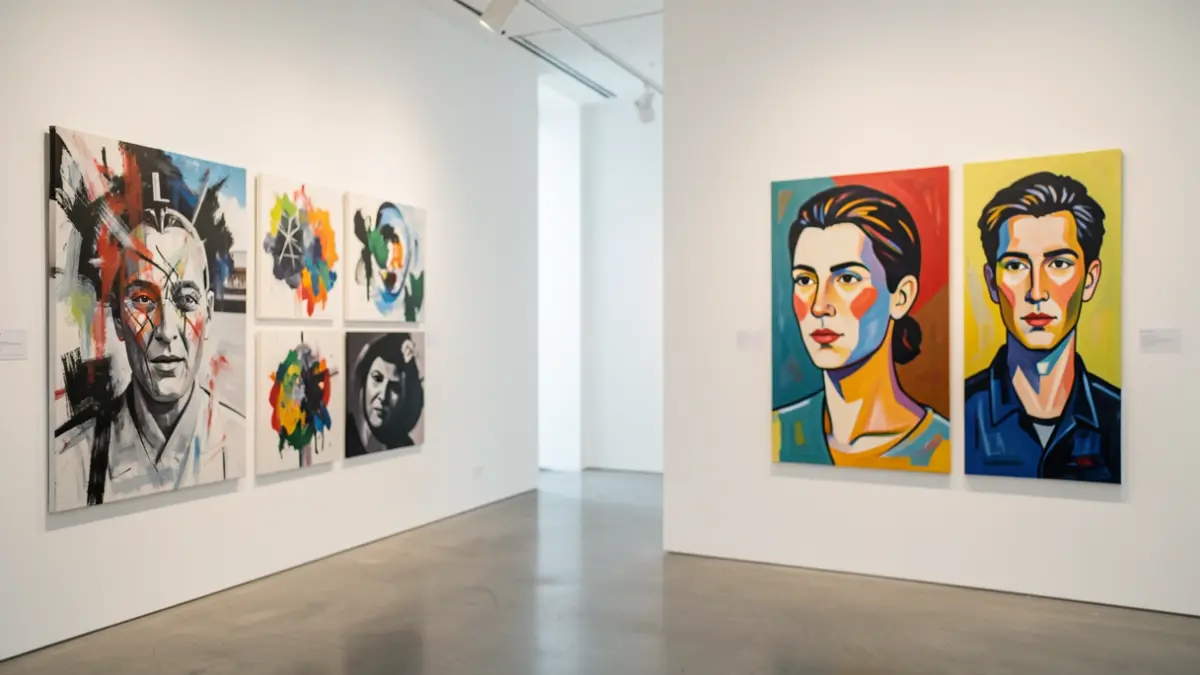 Interior of a contemporary art gallery in Colmenar Viejo featuring two exhibitions: one of painterly photography and another of figurative portraits.