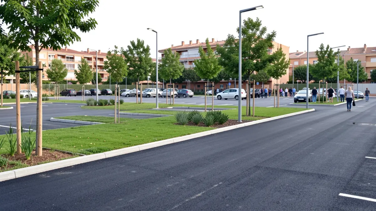 Obra de nuevo aparcamiento en superficie en Boadilla del Monte con zonas verdes y alumbrado LED.