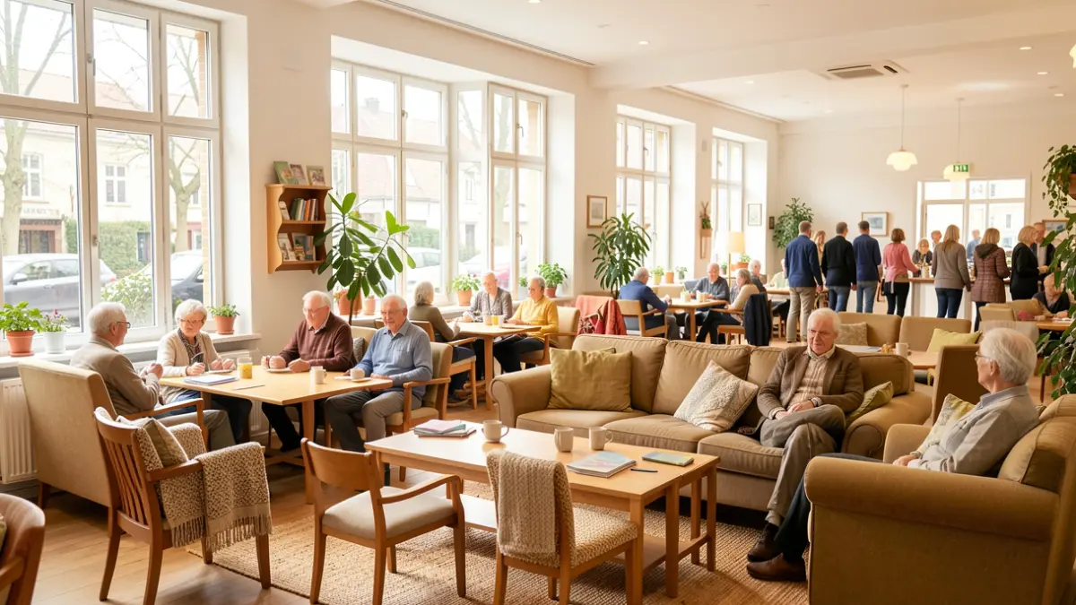 Generic image of a social center for the elderly with comfortable furniture and natural light.