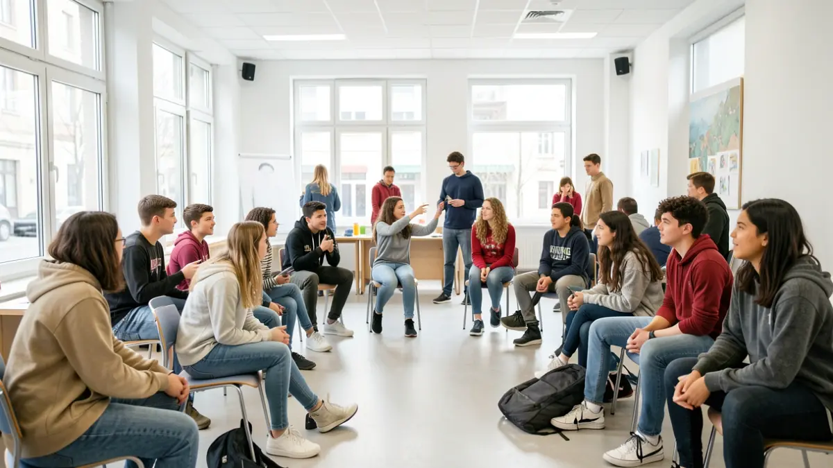 Imagen de un grupo de adolescentes participando en una actividad grupal en un centro juvenil.