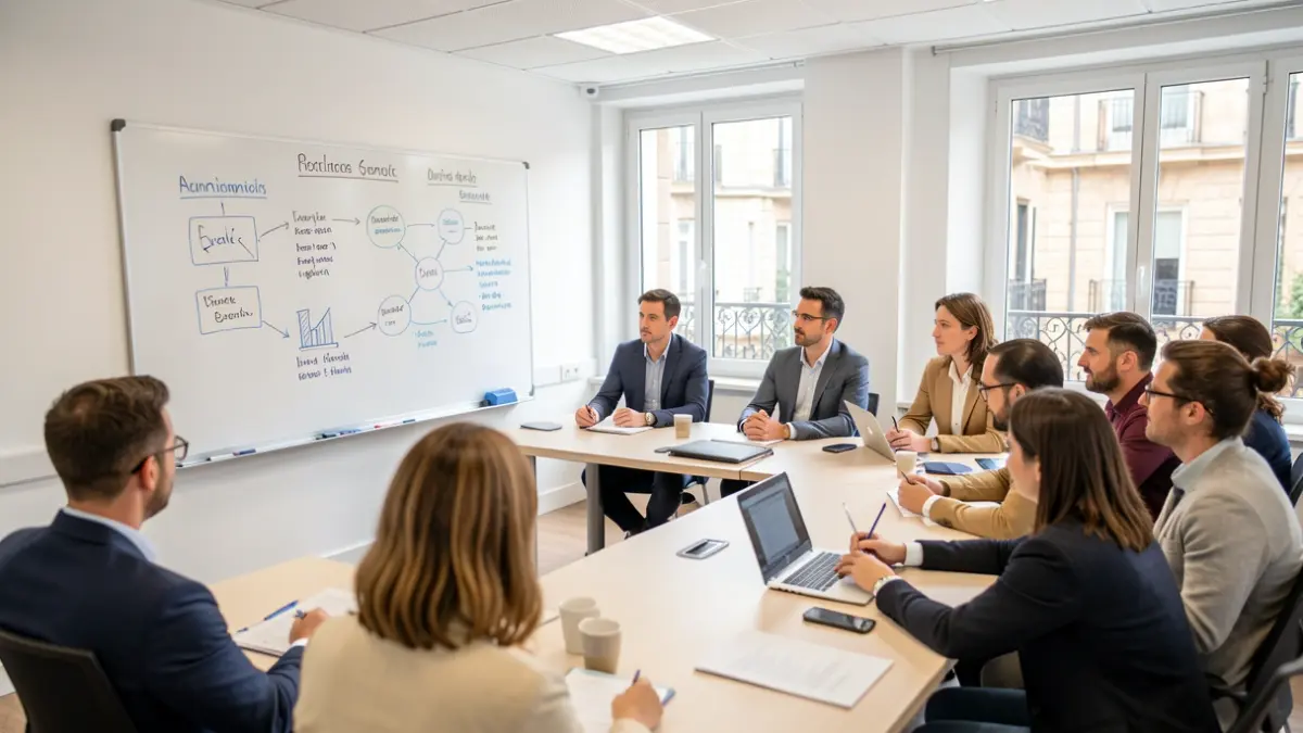 Generic image of a professional training room with a whiteboard and attendees.