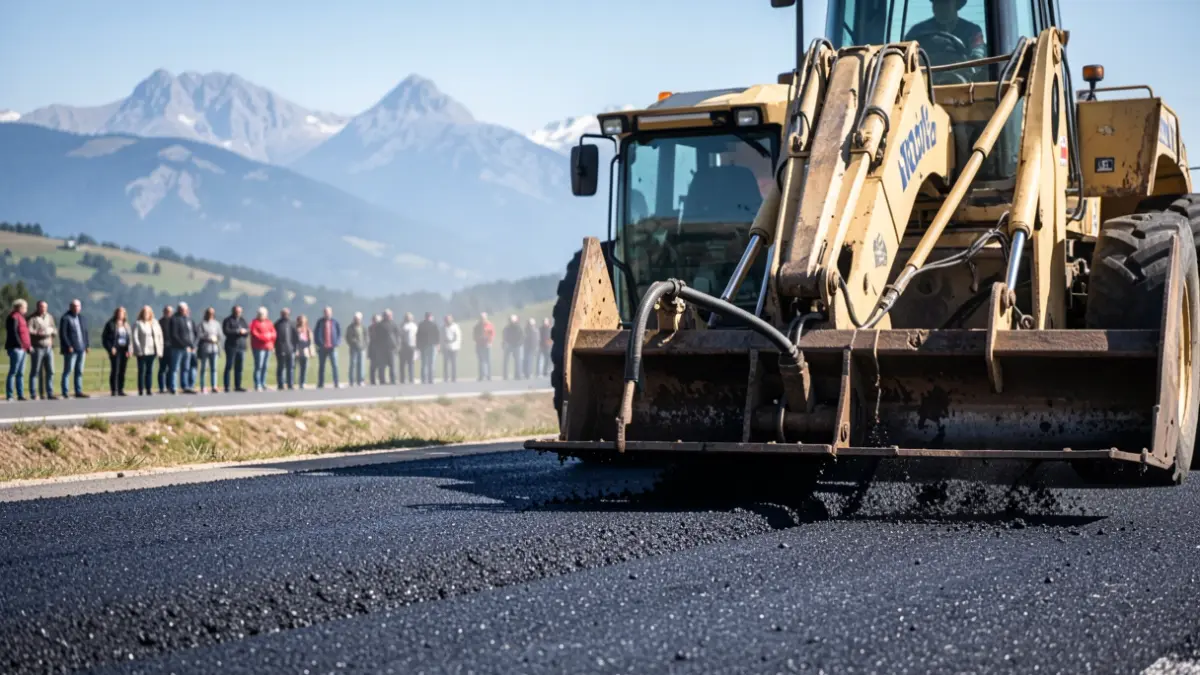 Asphalt paving works on the M-610 road in Miraflores de la Sierra, with heavy machinery at work.