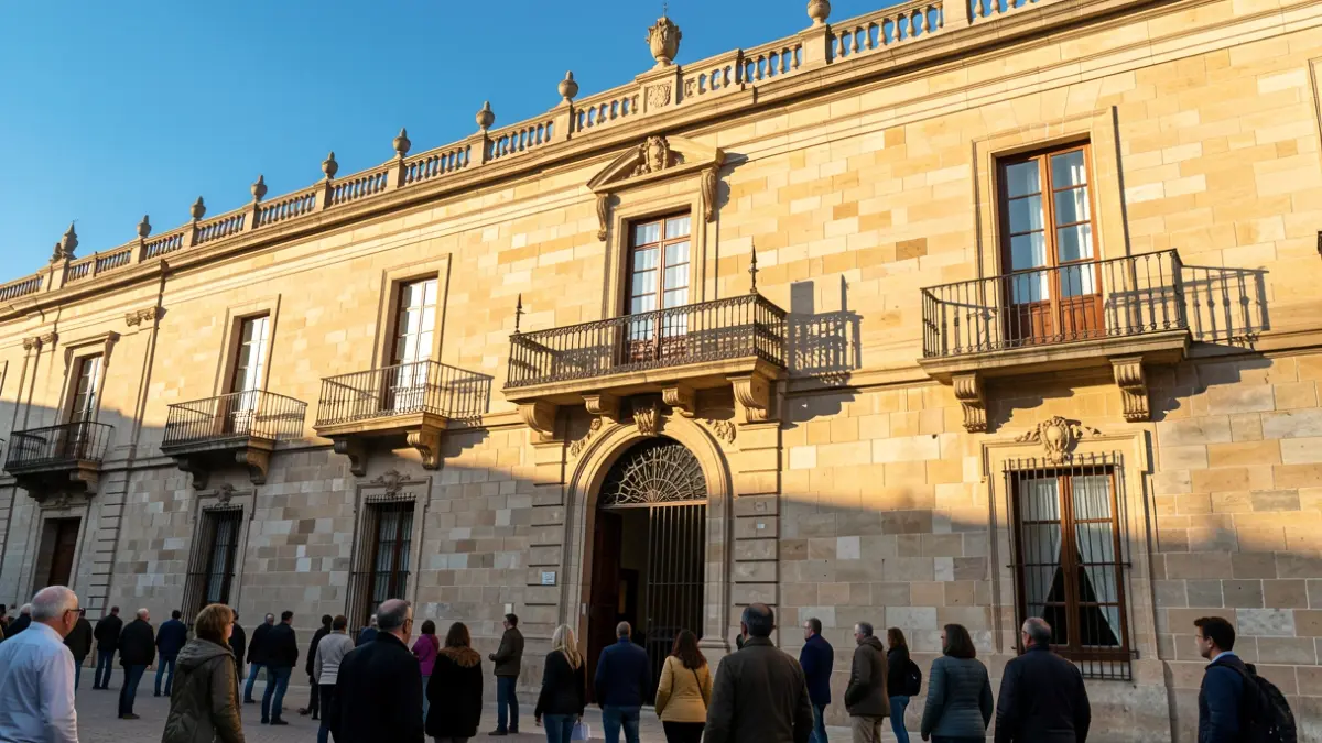 Facade of the San Lorenzo de El Escorial Town Hall with ornate balconies and iron railings, in the warm afternoon light.