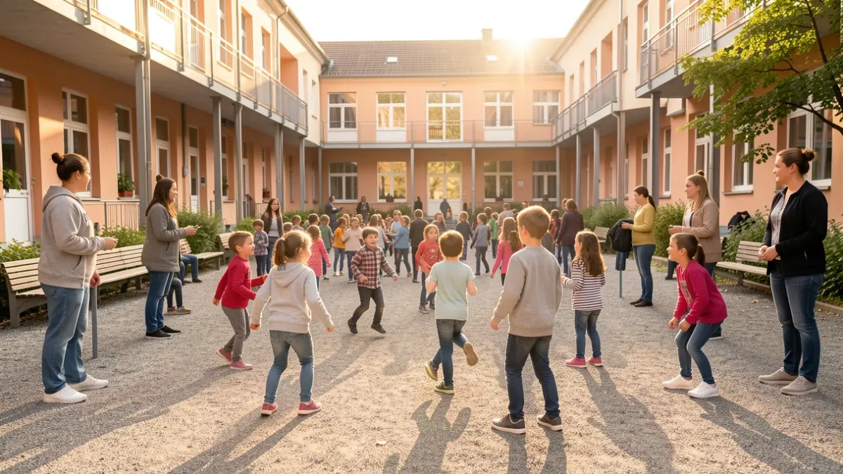 Generic image of children playing in a schoolyard under monitor supervision.
