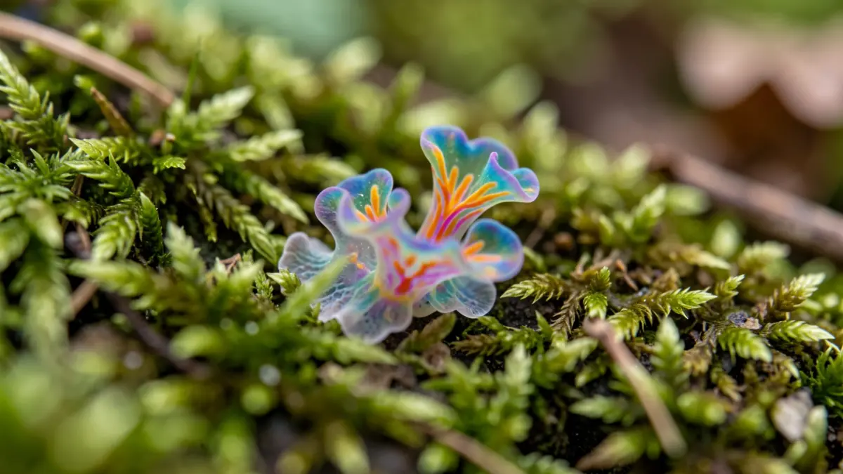 Macro photograph of a Myxomycete, a microscopic organism with vibrant colors and intricate structures on a mossy surface.