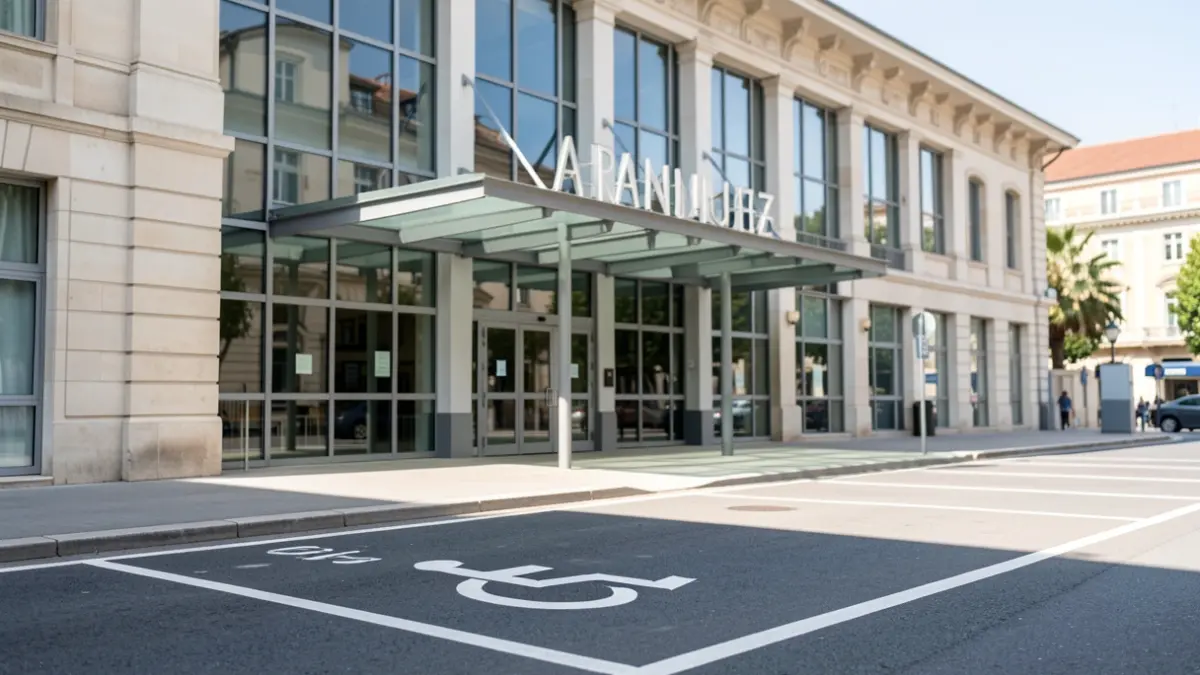Exterior view of the Aranjuez train station entrance with accessible parking area.