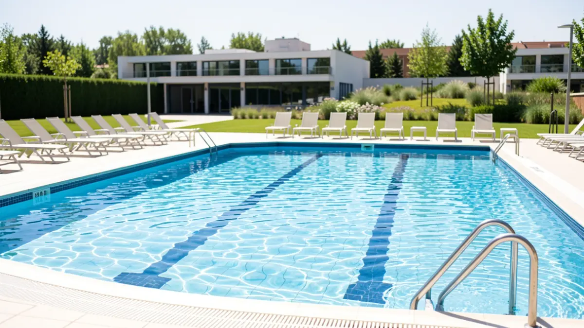 Generic image of a municipal swimming pool in Madrid during summer, with clear water and empty lounge chairs.