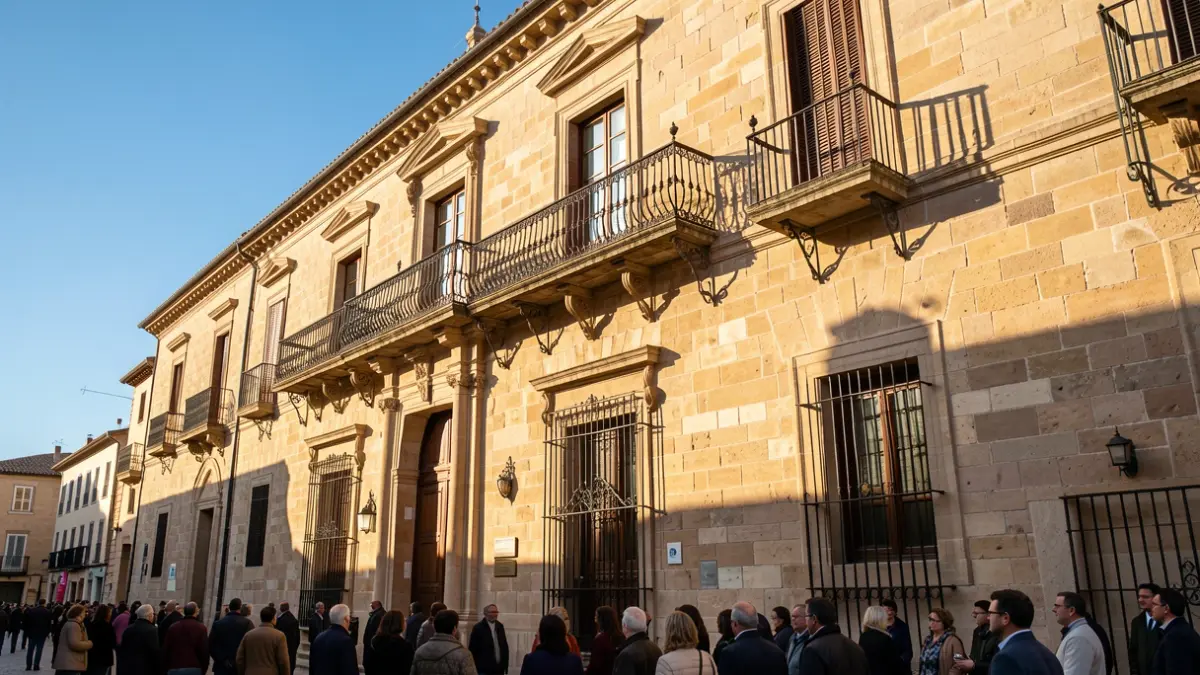 Fachada de un ayuntamiento de piedra con balcón y barandillas de hierro, luz cálida de tarde, cielo azul.