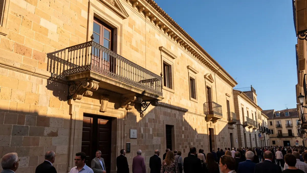 Facade of a traditional Spanish town hall with a balcony and iron railings, under the afternoon sun.