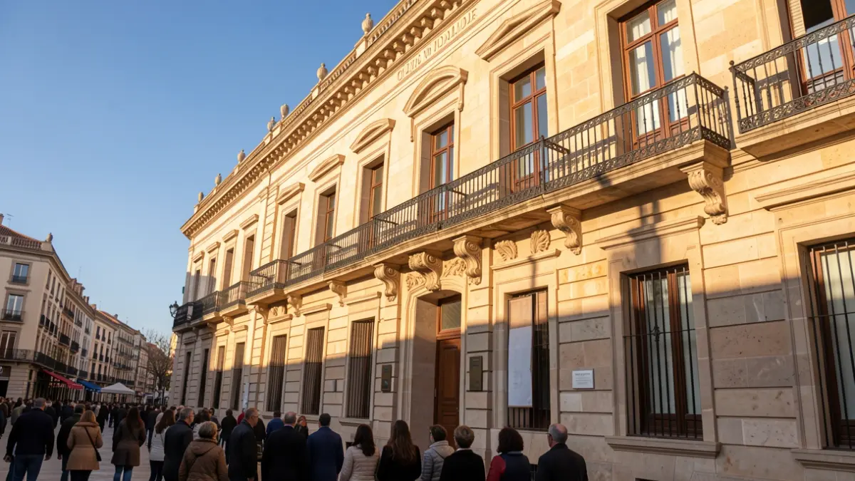 Stone facade of a la Comunidad de Madrid town hall with ornate balcony and iron railings, warm afternoon sunlight.