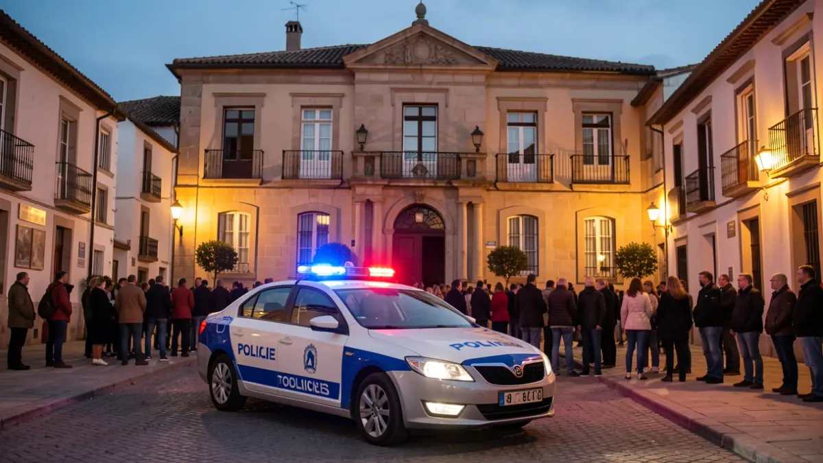 Imagen de un coche de Policía Nacional con luces de emergencia frente al Ayuntamiento de Torrelodones al atardecer.