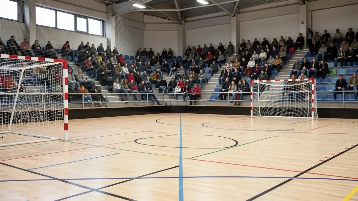 Pista de floorball vacía en un pabellón municipal.