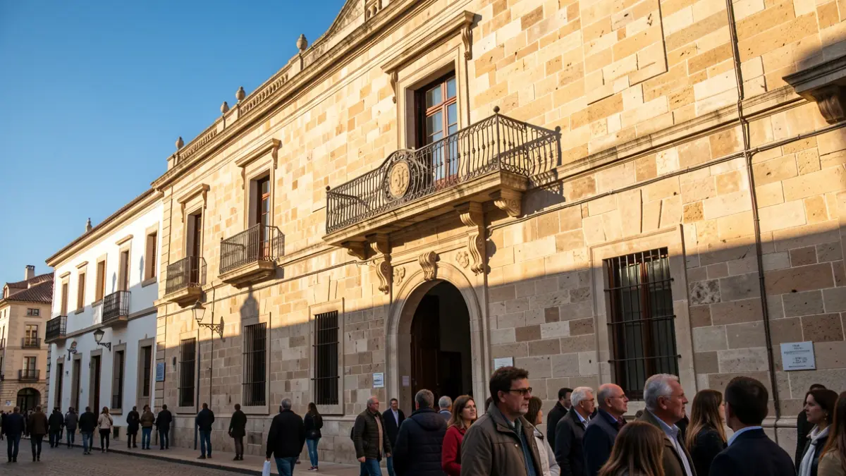 Fachada del Ayuntamiento de Alcalá de Henares con balcón y barandillas de hierro, bajo la luz del sol de la tarde.