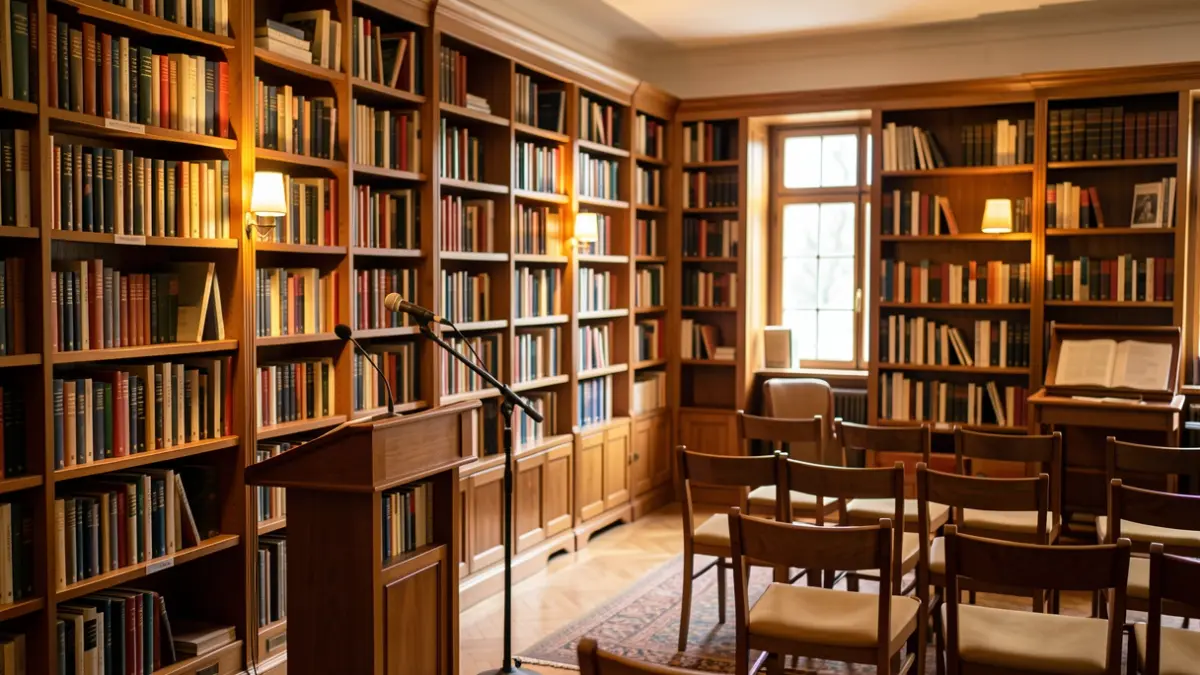 Generic image of a cozy library with bookshelves and a podium.