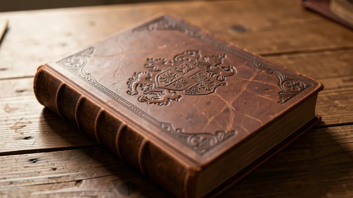 Primer plano de un libro antiguo de tapa de cuero con símbolos heráldicos grabados, sobre una mesa de madera.