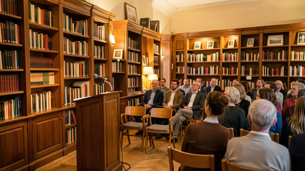Generic image of a cozy library with a podium and chairs.