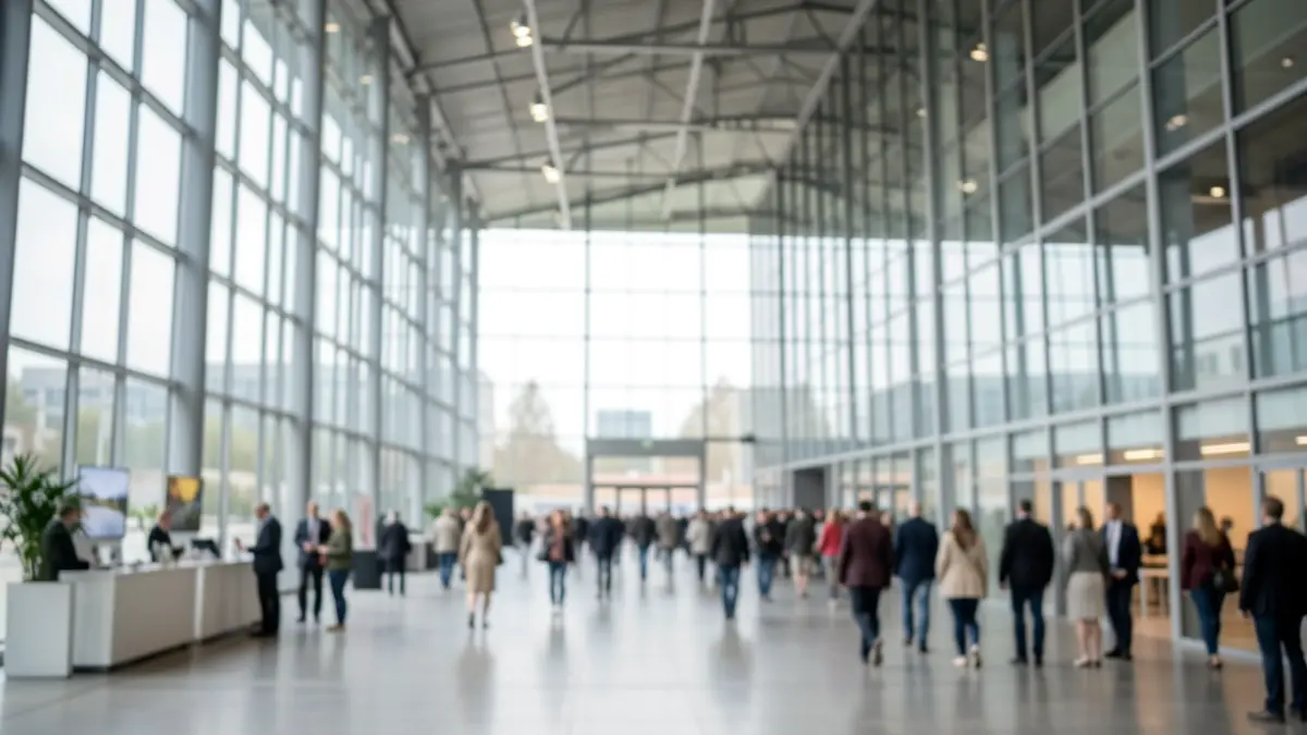 Interior view of a modern convention center with glass and steel architecture.