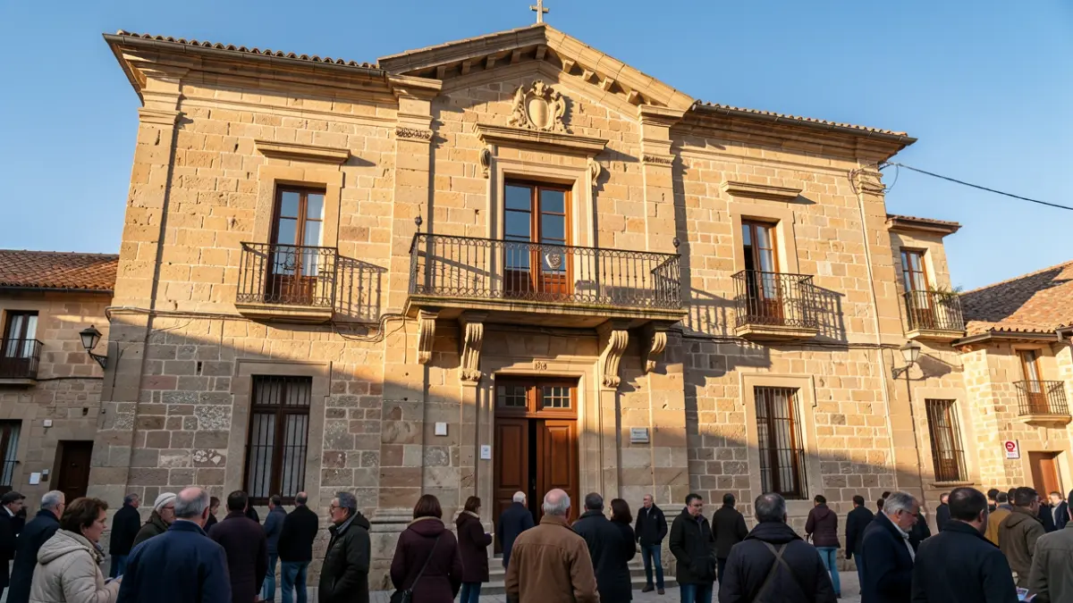 Facade of the Town Hall of Miraflores de la Sierra with balcony and iron railings, under the afternoon sunlight.