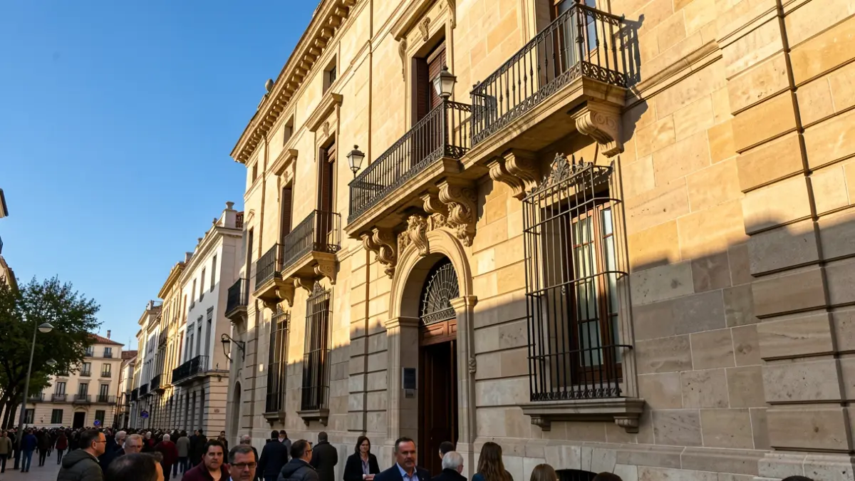 Stone facade of a town hall in the Community of Madrid with a balcony and iron railings, warm afternoon light.