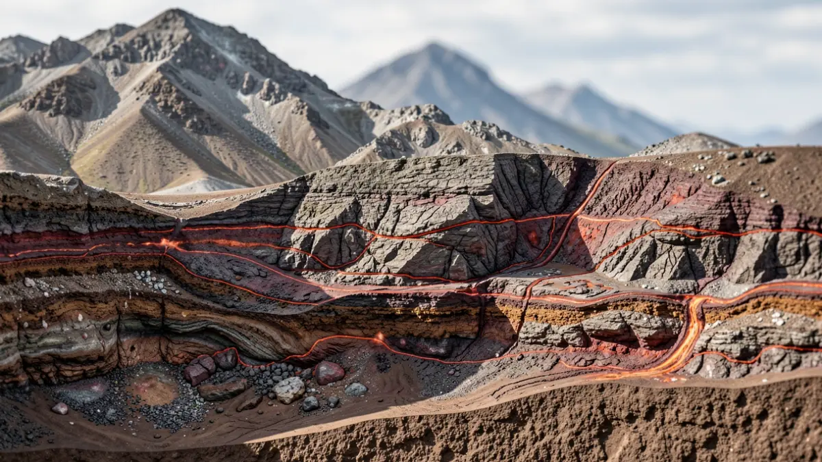 Geological cross-section of a mountain range showing ancient magmatic rocks and tectonic plate boundaries.