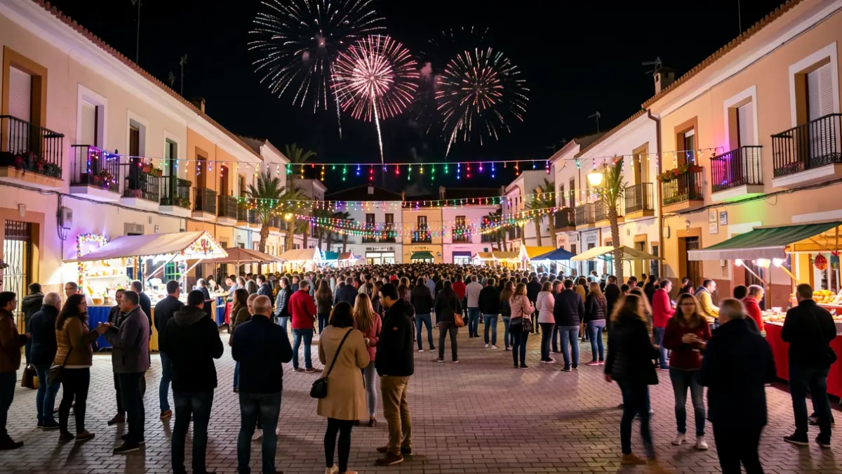 Generic image of a crowded Móstoles square during night patron saint festivals with fireworks.