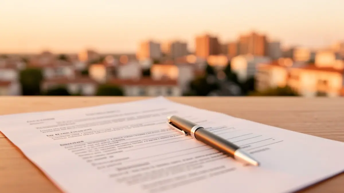 Rental contract with a pen and blurred view of Móstoles in the background.