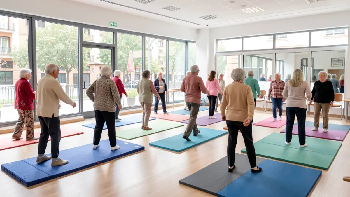 Imagen de personas mayores realizando ejercicios de gimnasia en un centro comunitario.