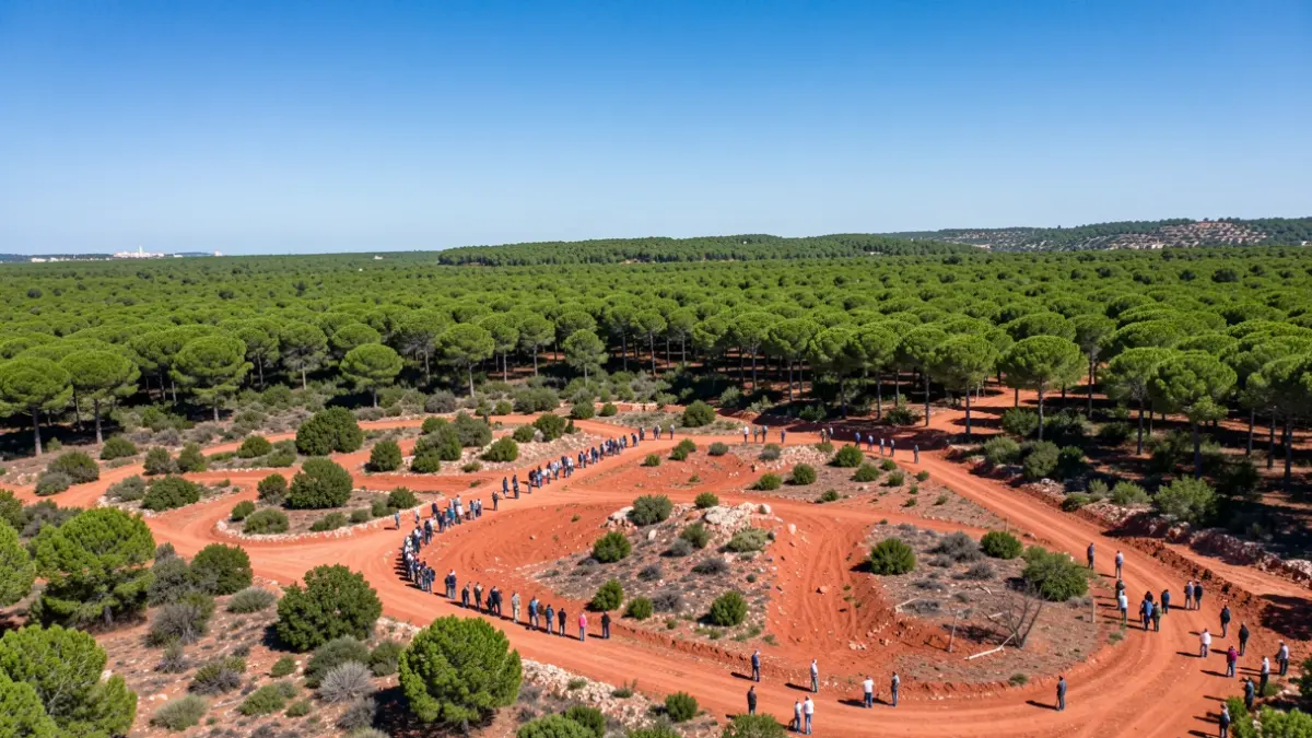 Imagen aérea de vegetación mediterránea y zonas de monte en la Comunidad de Madrid, con trabajos de prevención de incendios.
