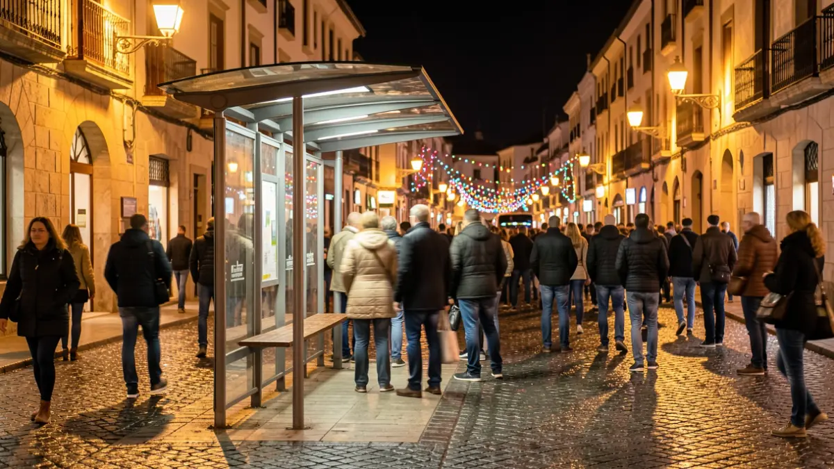 Night bus stop in Fuenlabrada during patron saint festivities, with people waiting and festive lights.