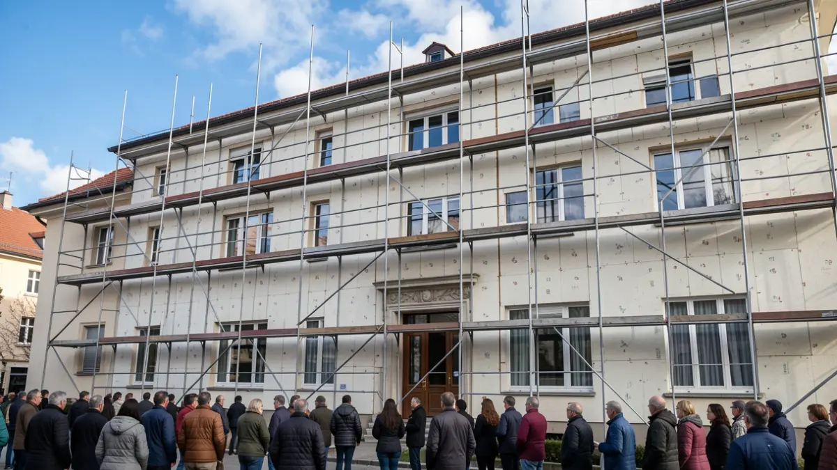 Fachada de edificio en rehabilitación con aislamiento SATE.