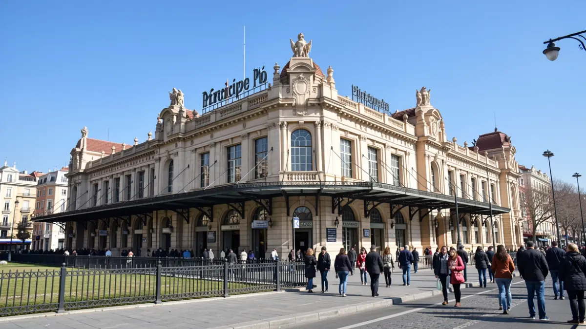 Príncipe Pío station in Madrid with its modernist architecture and the Paseo del Rey fence.