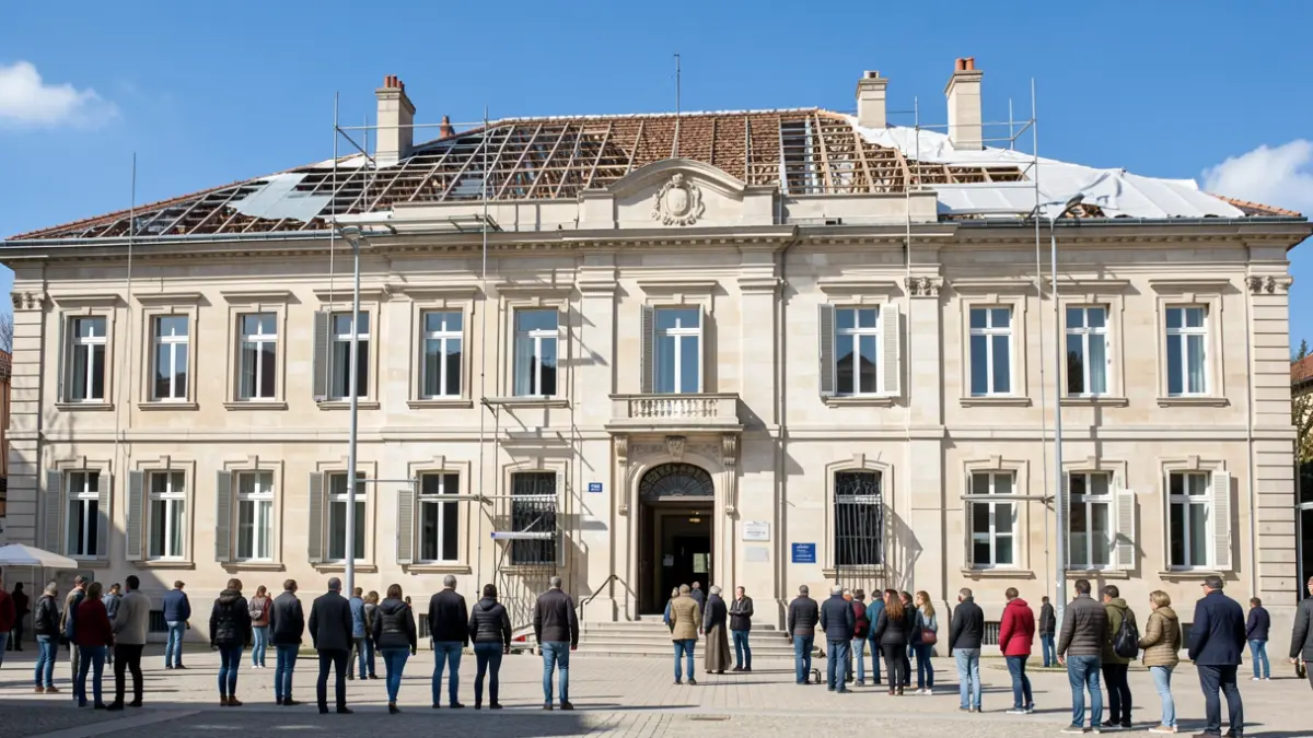 Imagen de la fachada del colegio CEIP Duque de Rivas en Sevilla la Nueva, mostrando las obras de renovación de cubiertas.
